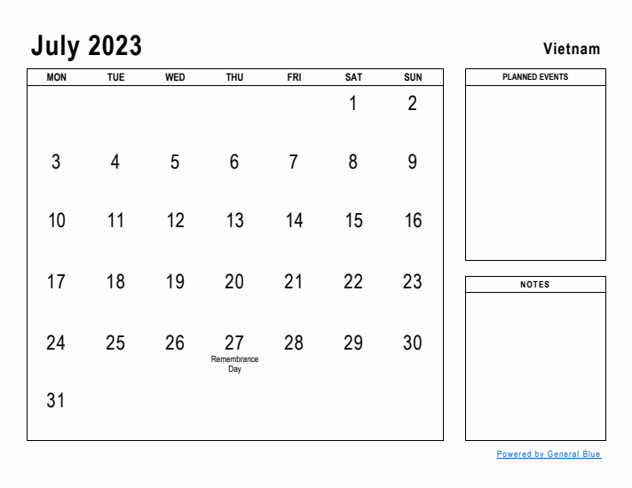 July 2023 Printable Monthly Calendar with Vietnam Holidays