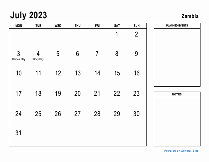 July 2023 Printable Monthly Calendar with Zambia Holidays