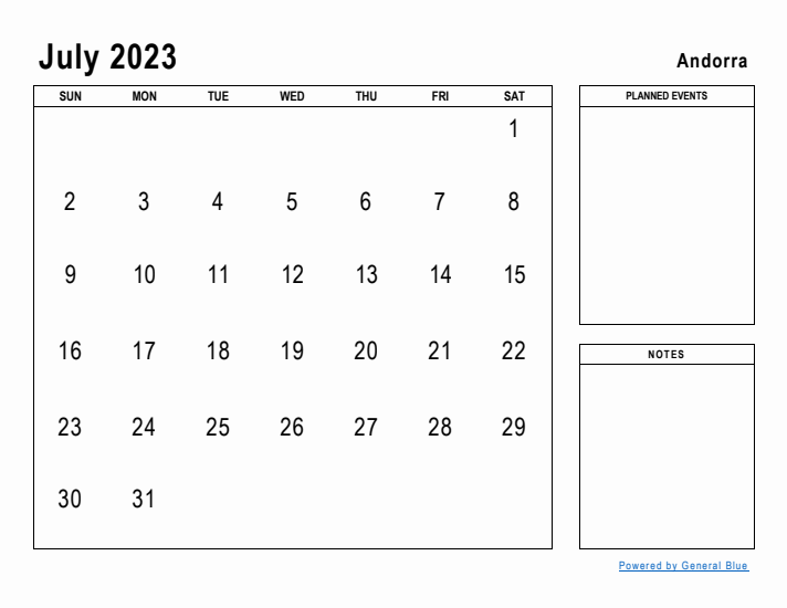 July 2023 Printable Monthly Calendar with Andorra Holidays