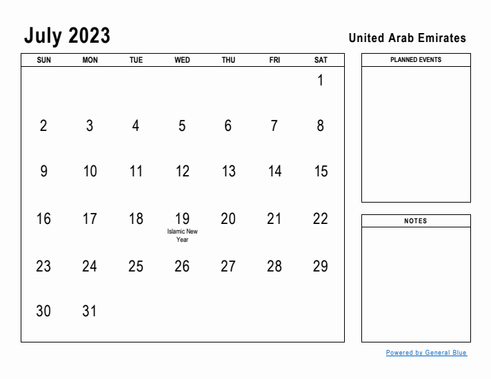 July 2023 Printable Monthly Calendar with United Arab Emirates Holidays