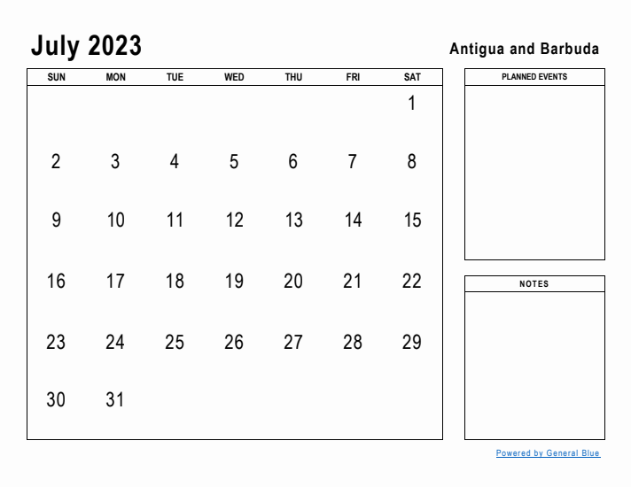 July 2023 Printable Monthly Calendar with Antigua and Barbuda Holidays