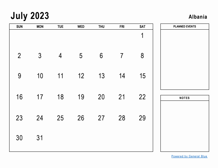 July 2023 Printable Monthly Calendar with Albania Holidays