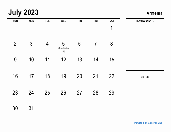 July 2023 Printable Monthly Calendar with Armenia Holidays