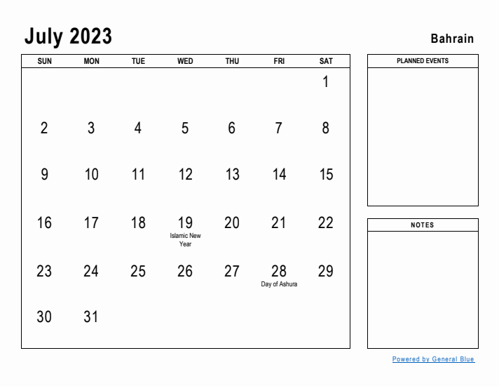 July 2023 Printable Monthly Calendar with Bahrain Holidays