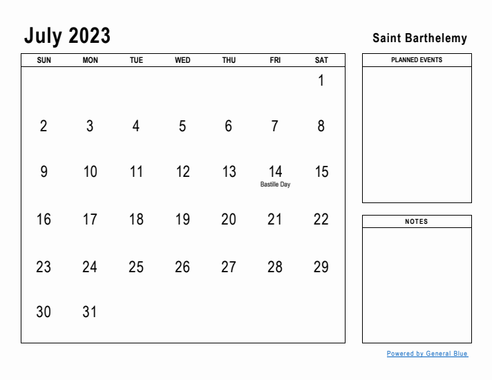 July 2023 Printable Monthly Calendar with Saint Barthelemy Holidays