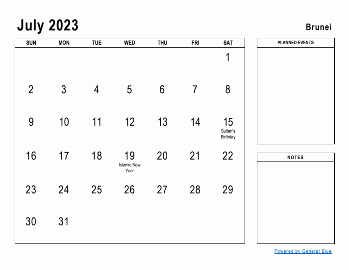 July 2023 Printable Monthly Calendar with Brunei Holidays