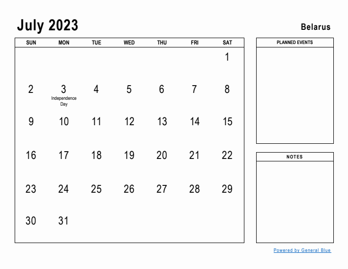 July 2023 Printable Monthly Calendar with Belarus Holidays