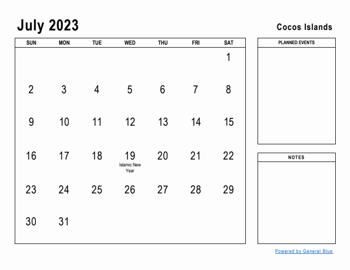 July 2023 Printable Monthly Calendar with Cocos Islands Holidays