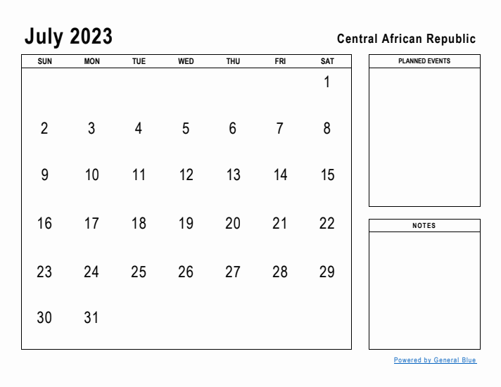 July 2023 Printable Monthly Calendar with Central African Republic Holidays