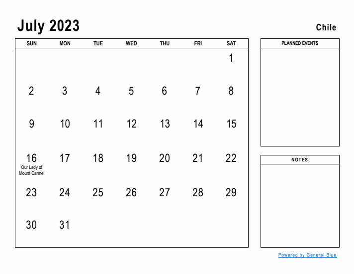 July 2023 Printable Monthly Calendar with Chile Holidays