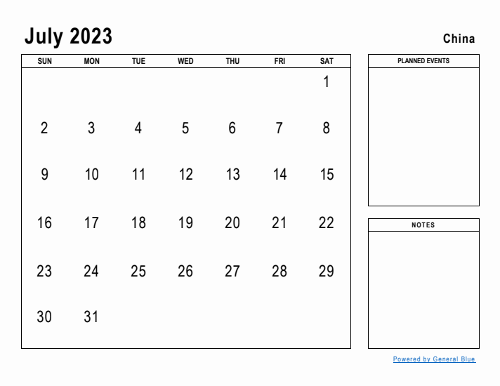 July 2023 Printable Monthly Calendar with China Holidays