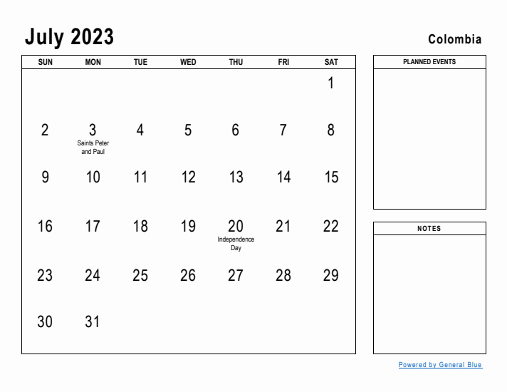 July 2023 Printable Monthly Calendar with Colombia Holidays