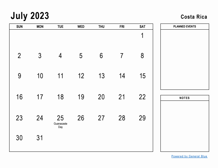 July 2023 Printable Monthly Calendar with Costa Rica Holidays