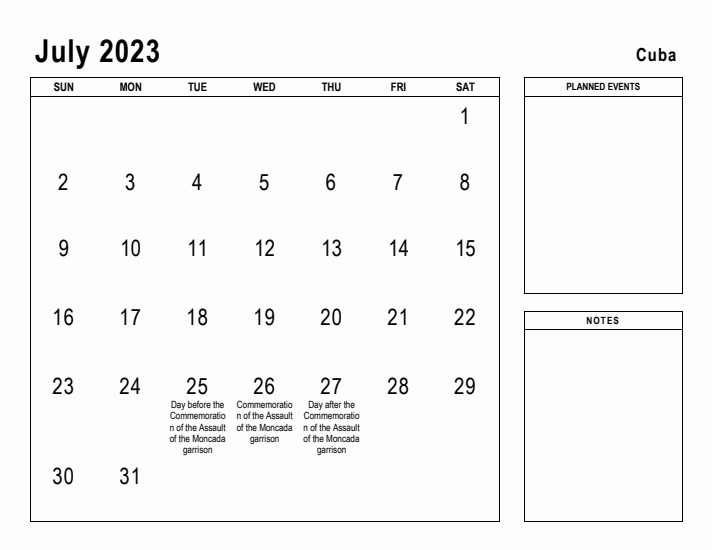 July 2023 Printable Monthly Calendar with Cuba Holidays