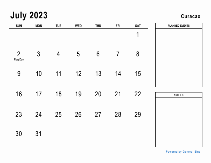 July 2023 Printable Monthly Calendar with Curacao Holidays