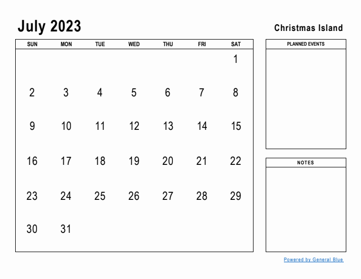 July 2023 Printable Monthly Calendar with Christmas Island Holidays