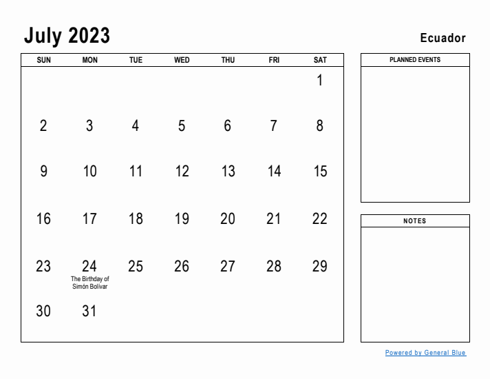 July 2023 Printable Monthly Calendar with Ecuador Holidays