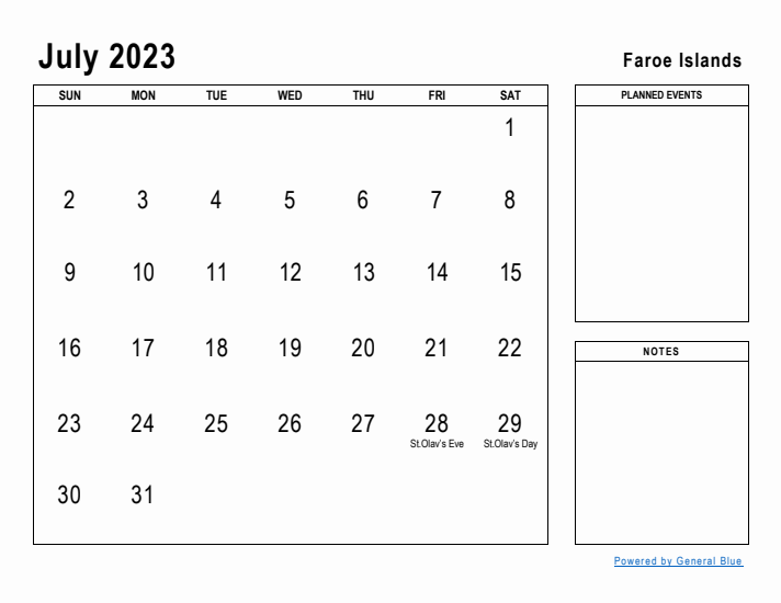 July 2023 Printable Monthly Calendar with Faroe Islands Holidays