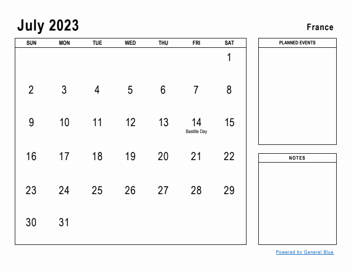 July 2023 Printable Monthly Calendar with France Holidays