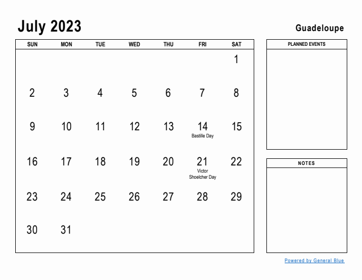 July 2023 Printable Monthly Calendar with Guadeloupe Holidays