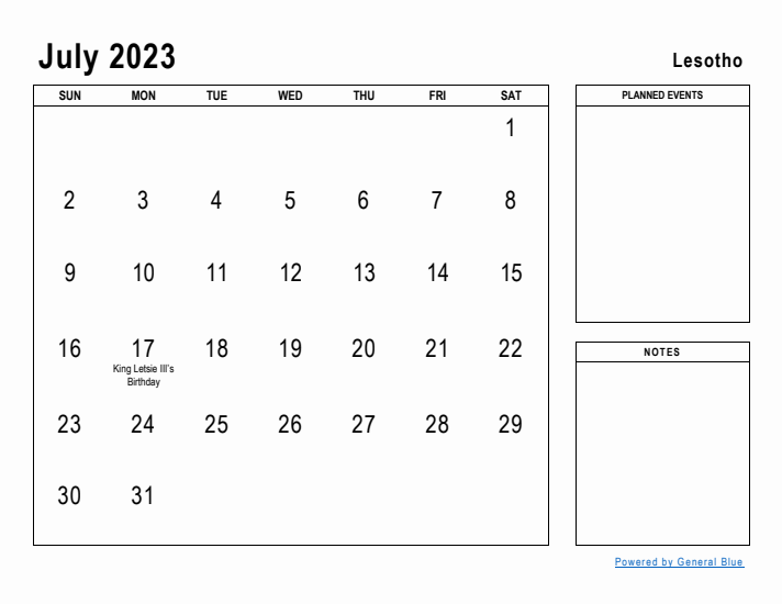 July 2023 Printable Monthly Calendar with Lesotho Holidays