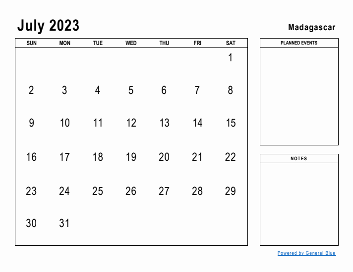 July 2023 Printable Monthly Calendar with Madagascar Holidays