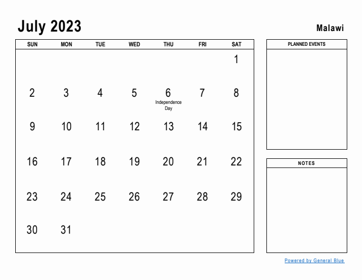 July 2023 Printable Monthly Calendar with Malawi Holidays