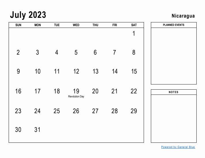 July 2023 Printable Monthly Calendar with Nicaragua Holidays