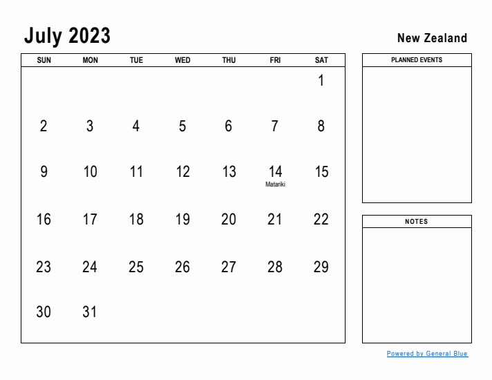 July 2023 Printable Monthly Calendar with New Zealand Holidays