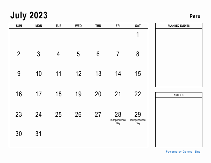 July 2023 Printable Monthly Calendar with Peru Holidays