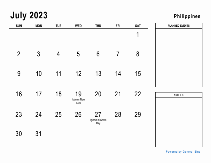 July 2023 Printable Monthly Calendar with Philippines Holidays