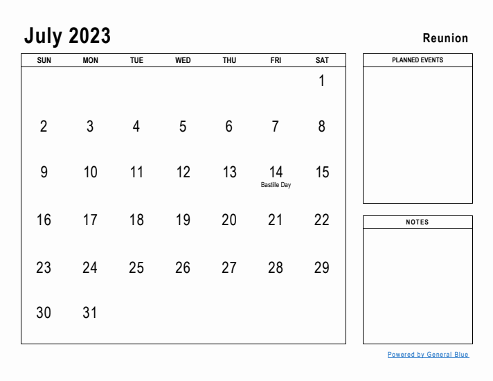 July 2023 Printable Monthly Calendar with Reunion Holidays