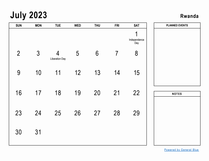 July 2023 Printable Monthly Calendar with Rwanda Holidays