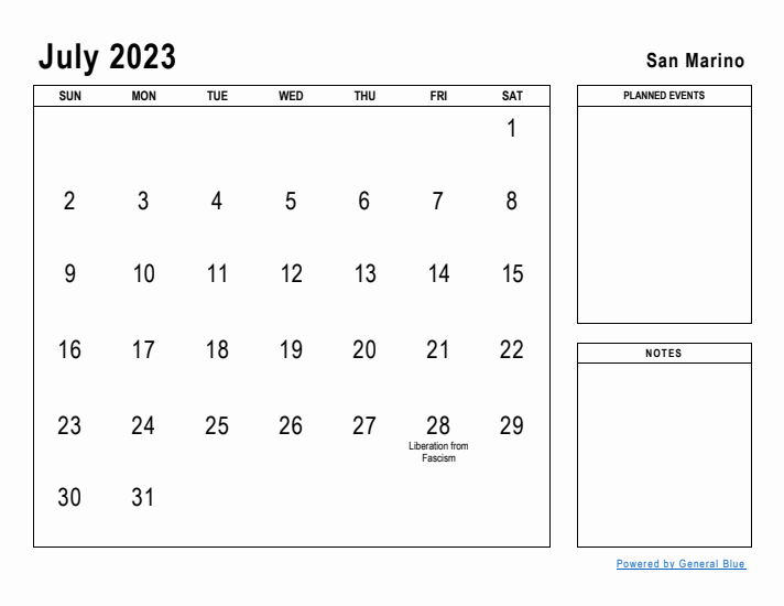 July 2023 Printable Monthly Calendar with San Marino Holidays