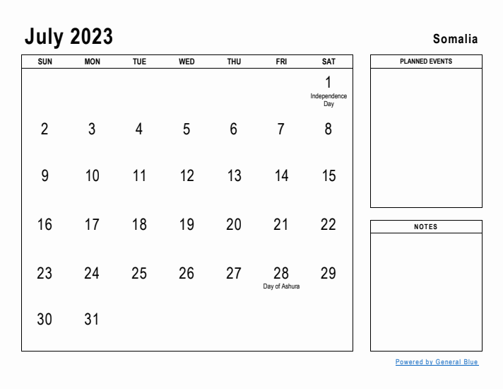 July 2023 Printable Monthly Calendar with Somalia Holidays