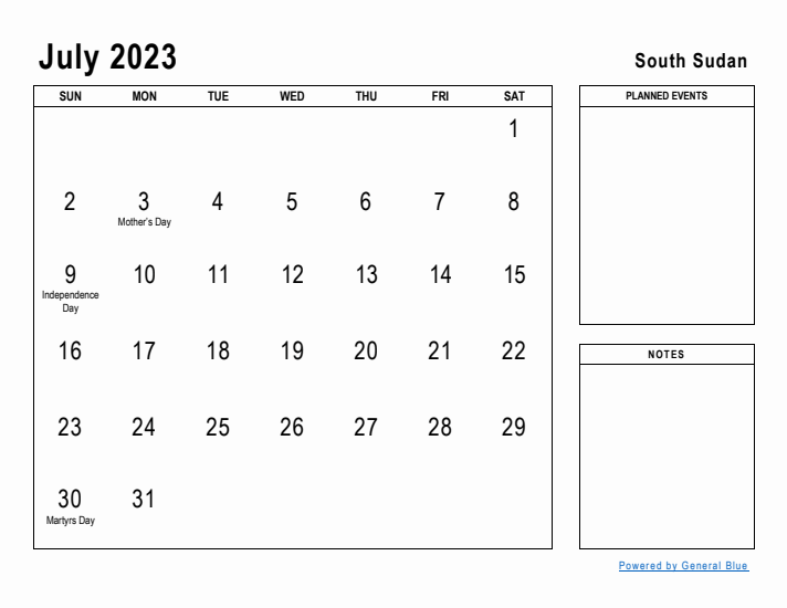 July 2023 Printable Monthly Calendar with South Sudan Holidays