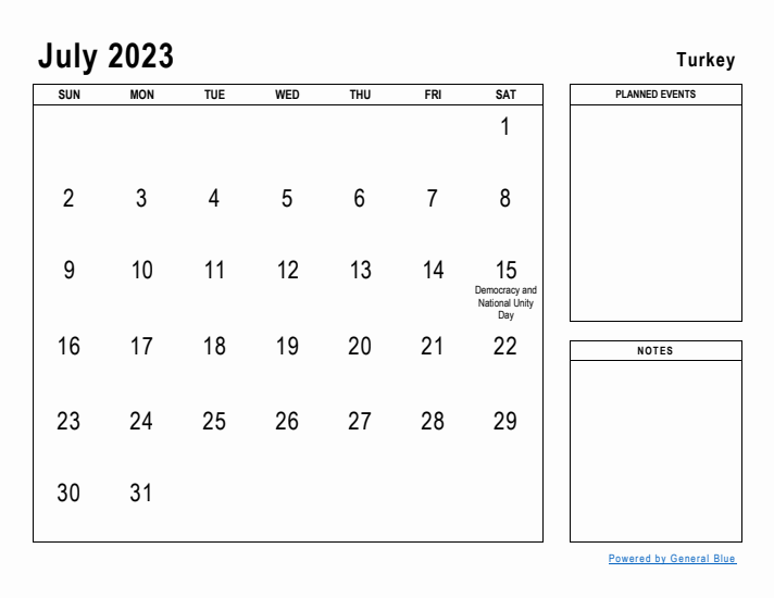 July 2023 Printable Monthly Calendar with Turkey Holidays