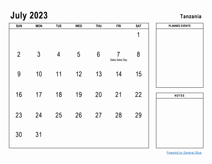 July 2023 Printable Monthly Calendar with Tanzania Holidays