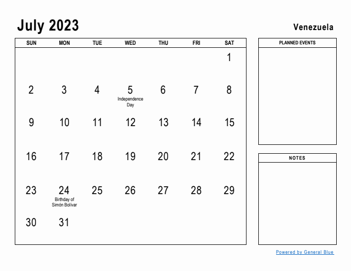 July 2023 Printable Monthly Calendar with Venezuela Holidays