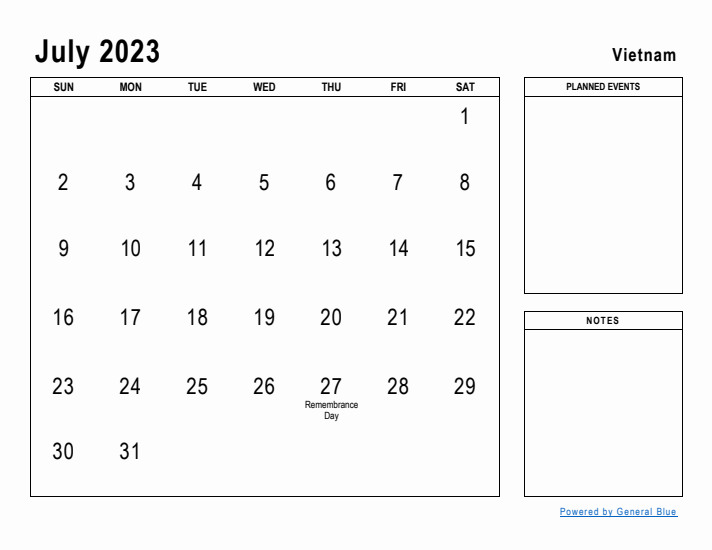 July 2023 Printable Monthly Calendar with Vietnam Holidays