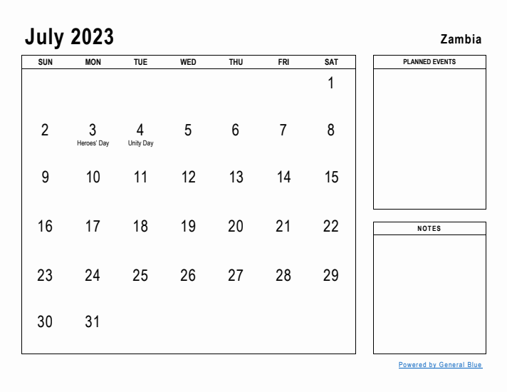 July 2023 Printable Monthly Calendar with Zambia Holidays