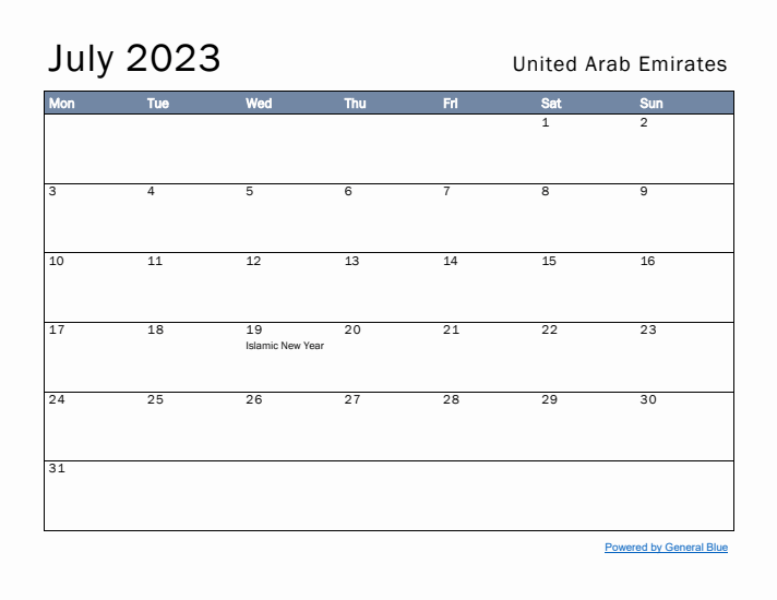 July 2023 Simple Monthly Calendar for United Arab Emirates