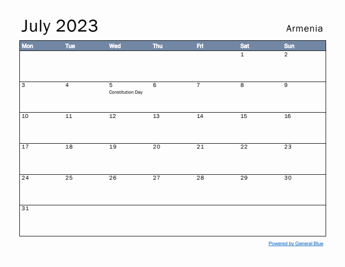 July 2023 Simple Monthly Calendar for Armenia