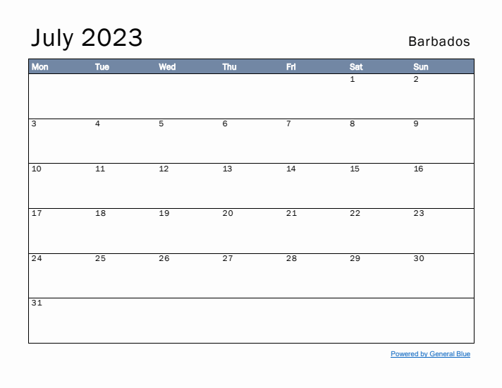 July 2023 Simple Monthly Calendar for Barbados