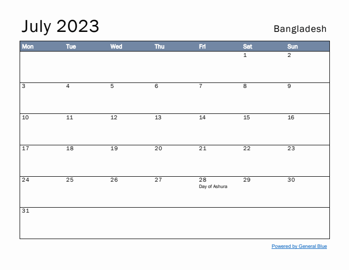 July 2023 Simple Monthly Calendar for Bangladesh