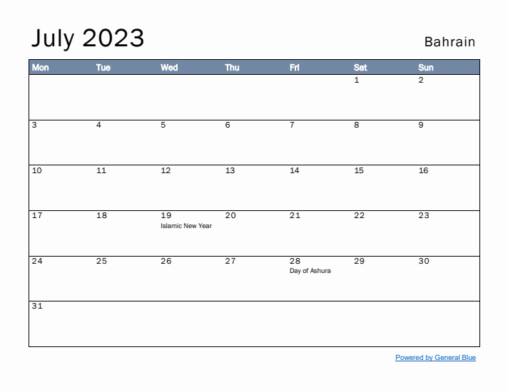 July 2023 Simple Monthly Calendar for Bahrain