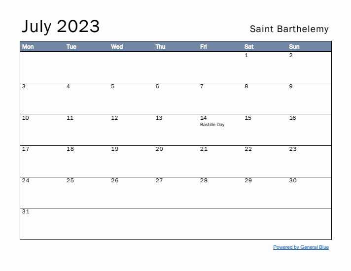 July 2023 Simple Monthly Calendar for Saint Barthelemy