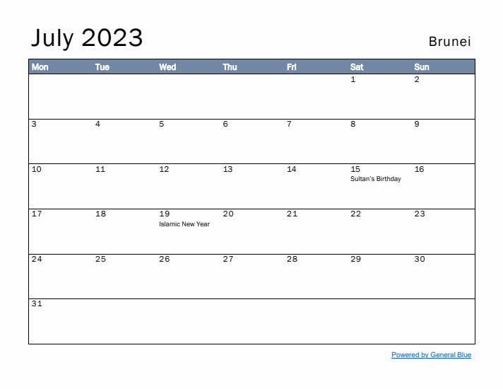 July 2023 Simple Monthly Calendar for Brunei