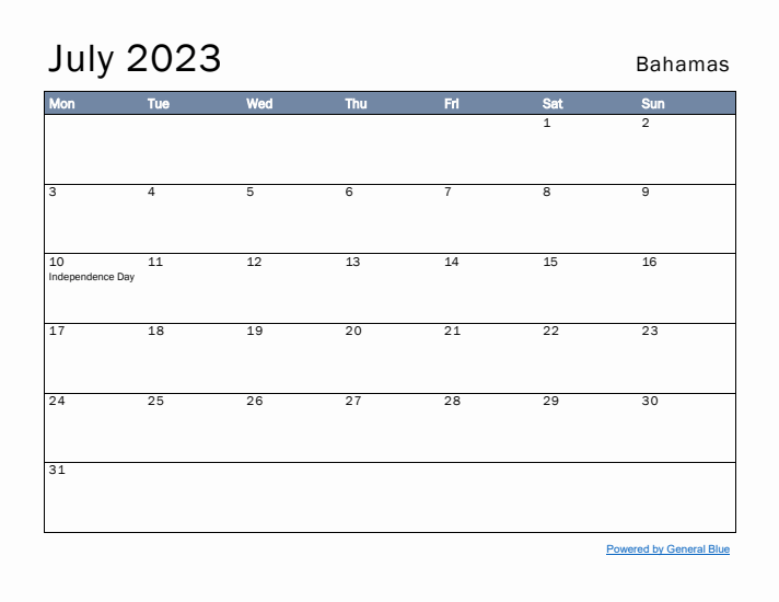 July 2023 Simple Monthly Calendar for Bahamas