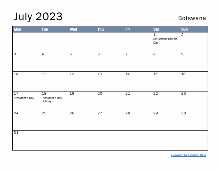 July 2023 Simple Monthly Calendar for Botswana